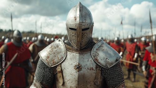 Man wearing Medieval Knights armor with heavy iron helmet