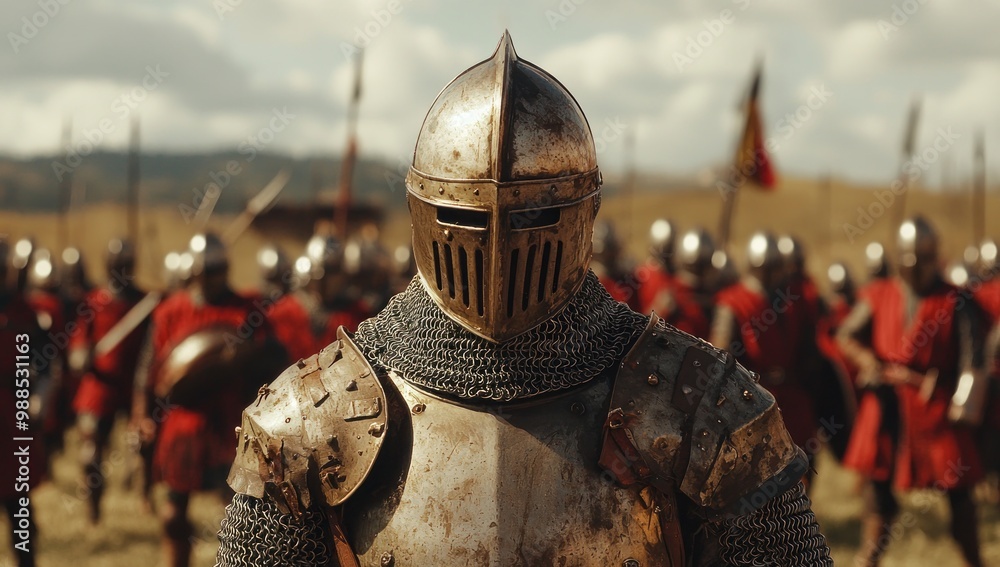 Man wearing Medieval Knights armor with heavy iron helmet Man wearing Medieval Knights armor with heavy iron helmet