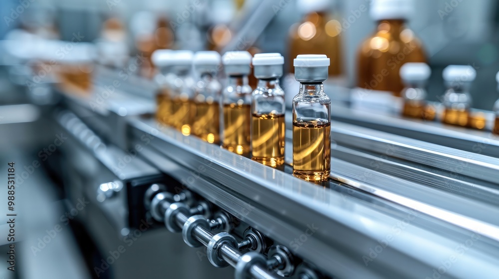 On the production line of a pharmaceutical factory, a medical vial is on the line, a pharmaceutical machine is working, and a glass bottles production line is also on the line. On the production line of a pharmaceutical factory, a medical vial is on the line, a pharmaceutical machine is working, and a glass bottles production line is also on the line.
