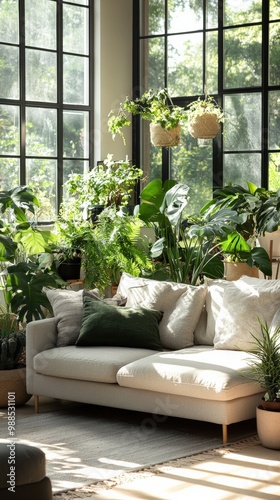 Obraz na płótnie A modern living room filled with lush potted plants like monsteras, ferns, and succulents, sunlight streaming in through large windows w salonie