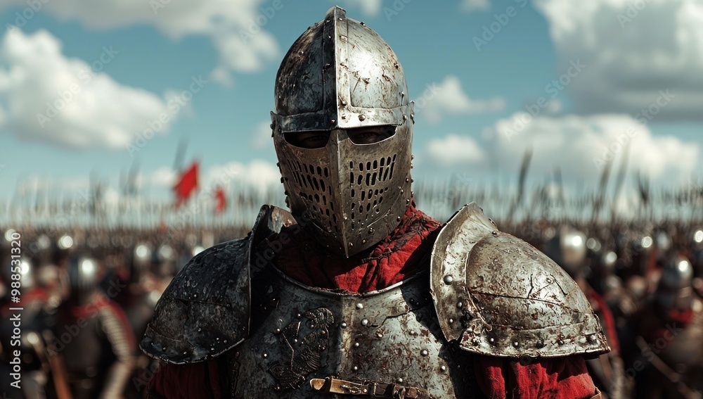 Man wearing Medieval Knights armor with heavy iron helmet Man wearing Medieval Knights armor with heavy iron helmet
