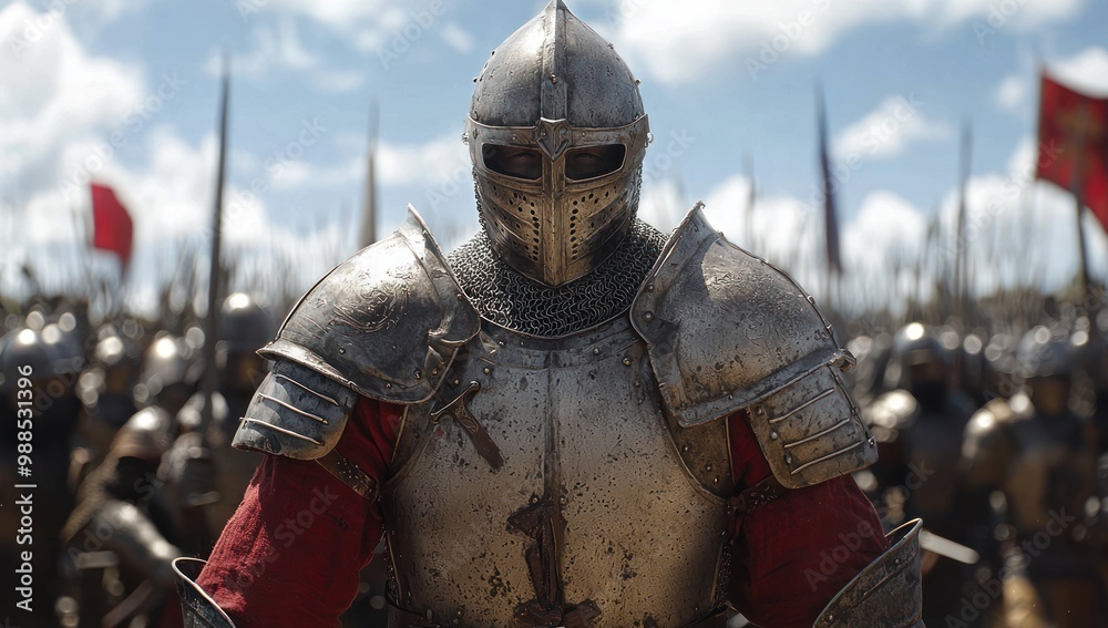 Man wearing Medieval Knights armor with heavy iron helmet Man wearing Medieval Knights armor with heavy iron helmet