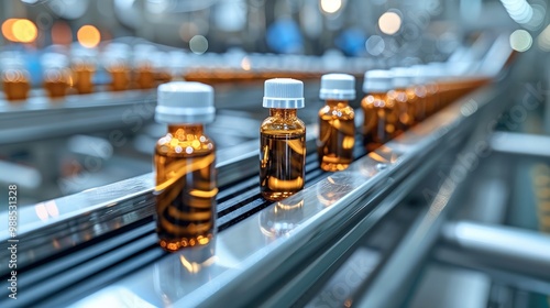 On the production line of a pharmaceutical factory, a medical vial is on the line, a pharmaceutical machine is working, and a glass bottles production line is also on the line.