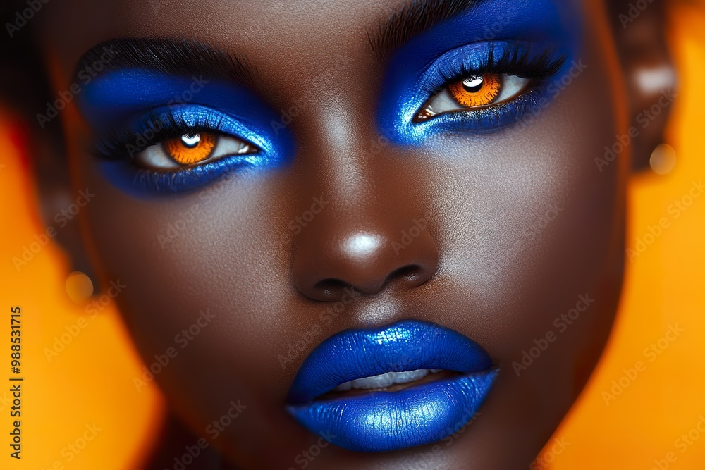 Model with Bright Blue Makeup and Fiery Orange Eyes