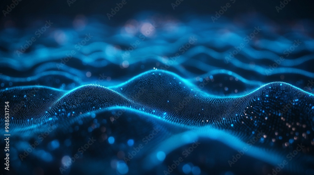 Abstract Blue Glowing Particles Wave Pattern - Digital Art