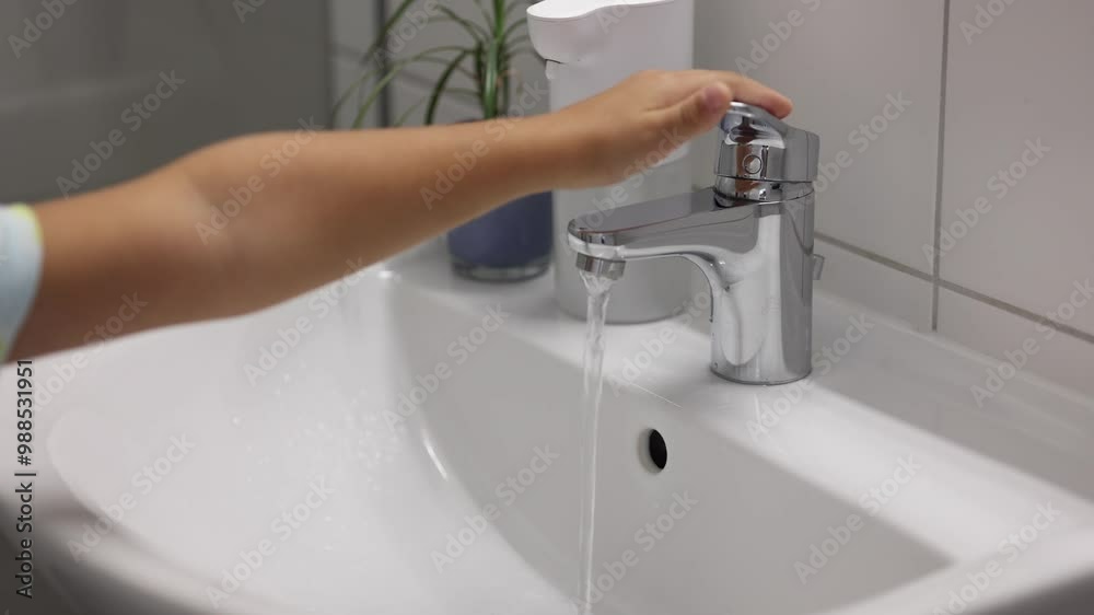 A faucet with running water. Water tap made of chrome material. Kid turns off the water A faucet with running water. Water tap made of chrome material. Kid turns off the water