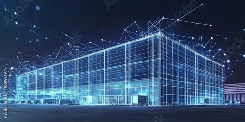 A digital rendering of a large building with lines connecting it to other elements.