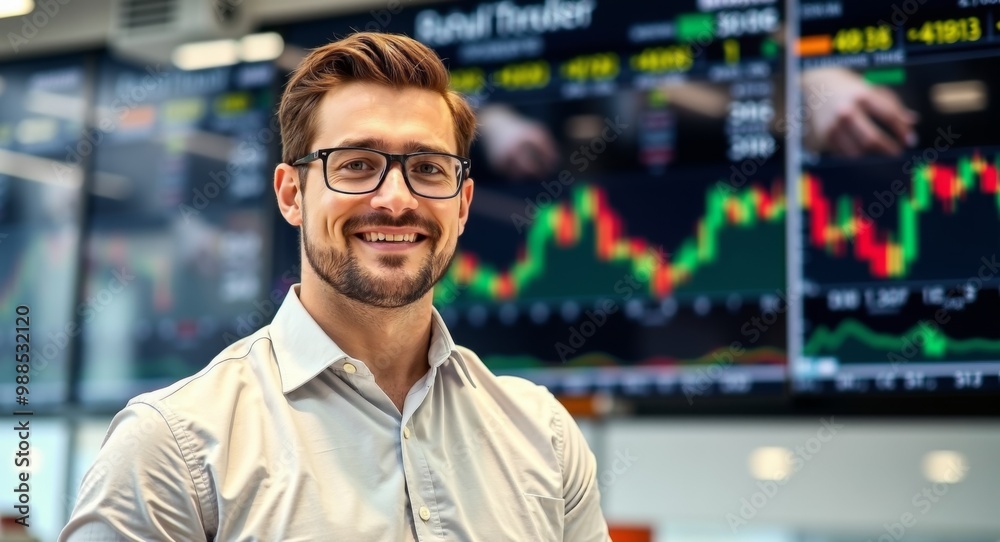 A professional man stands in the securities trading hall, Artificial Intelligence Generated. A professional man stands in the securities trading hall, Artificial Intelligence Generated.