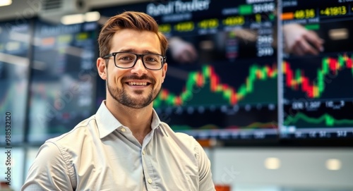 A professional man stands in the securities trading hall, Artificial Intelligence Generated.