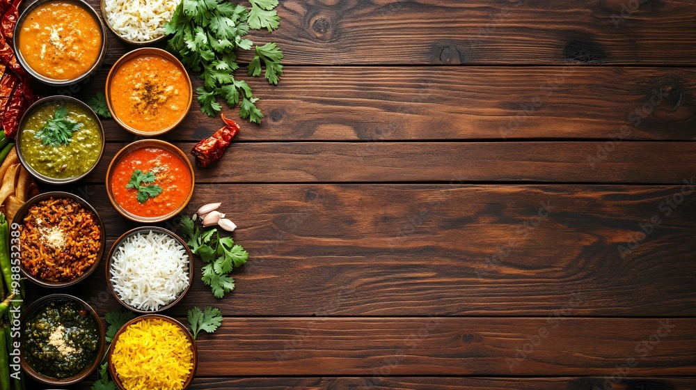 Top view of bowls of indian food with rice on a wooden table, with copy space. Top view of bowls of indian food with rice on a wooden table, with copy space.