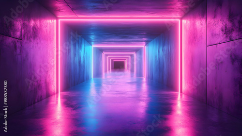 Neon Lights In A Concrete Corridor 3D Illustration