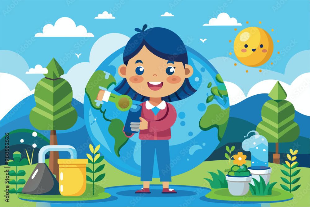 A cheerful child holds a water bottle, promoting water conservation amidst trees, plants, and a vibrant Earth in a colorful cartoon setting. A cheerful child holds a water bottle, promoting water conservation amidst trees, plants, and a vibrant Earth in a colorful cartoon setting.