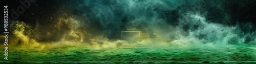 Smoky green field, dark ground, toxic fog, bad smell, misty stadium, green grass cloud, night soccer, poison dust, floating sport, dirty transparent, yellow hues,