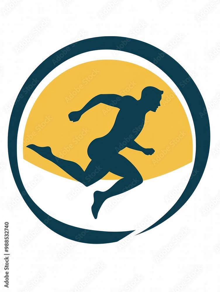 A blue and yellow silhouette of a runner inside a circle. A blue and yellow silhouette of a runner inside a circle.
