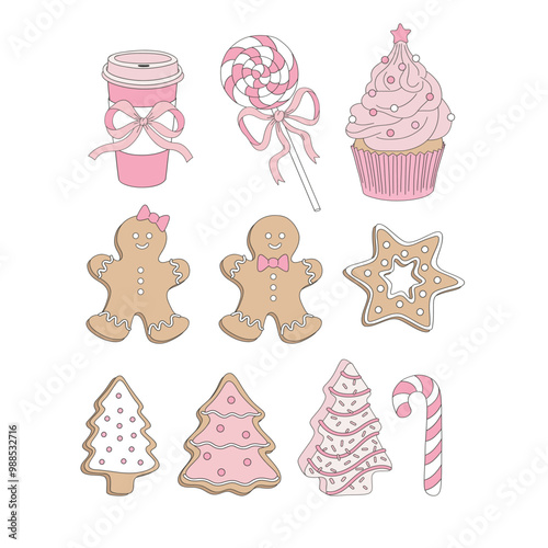 Cute Pink Xmas treats Coffee Lollipop Cupcake Gingerbread Peppermint candy vector clip-art set isolated on white. Coquette Christmas illustration