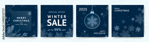 Merry Christmas and Happy New Year Set of greeting card, poster, holiday cover. Christmas sale, social media post with snowflakes in blue color. Winter illustration for ads, print, season banner 