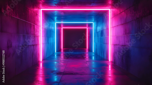 Neon Lights in a Concrete Tunnel - 3D Illustration