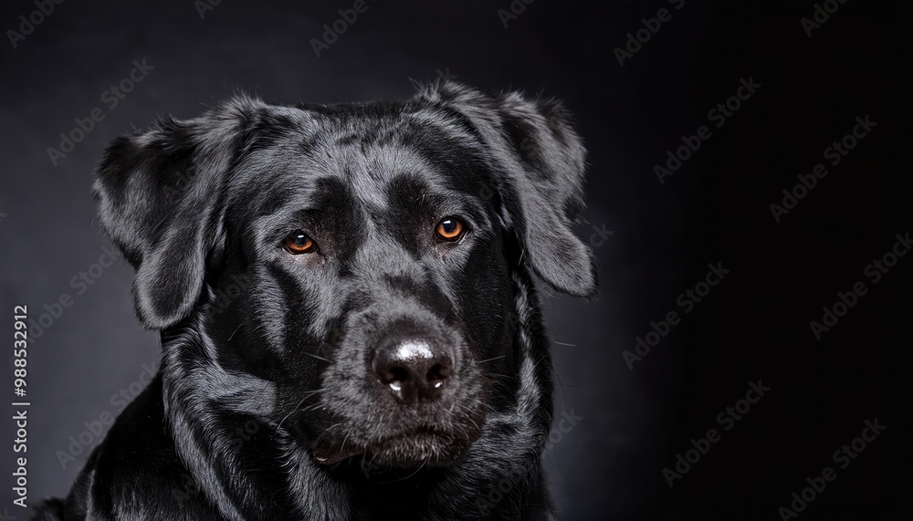 Black dog portrait with dark background, expressive look. Pet photography concept. Black dog portrait with dark background, expressive look. Pet photography concept.
