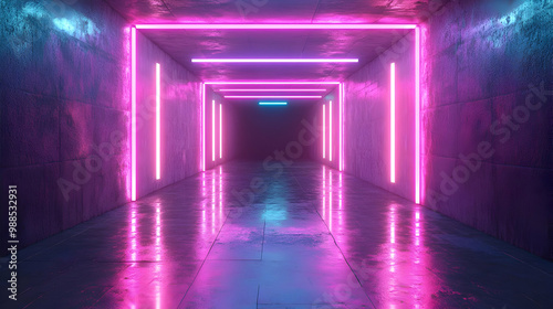 Neon Lights 3D Illustration - Glowing Pink and Blue in a Concrete Tunnel