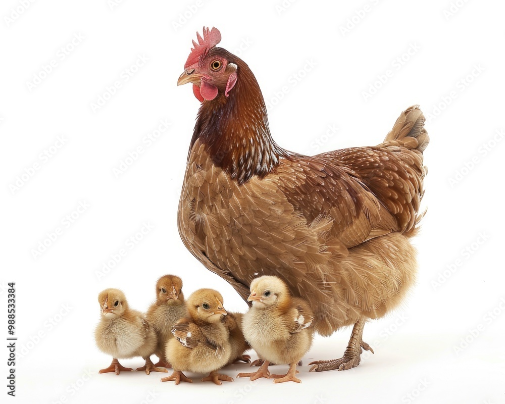 Fototapeta premium Hen And Chicks - A Group of Domestic Birds Standing Together on White Farm Background