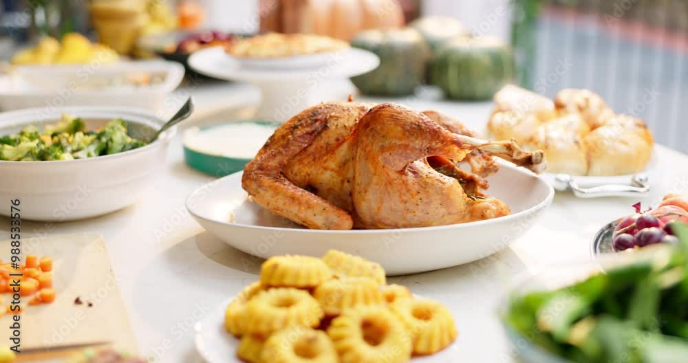Food, dinner and brunch with chicken and table setting, celebration and holiday with Christmas or thanksgiving. Social event, gathering and party, turkey and lunch with gourmet meal, festive or feast Food, dinner and brunch with chicken and table setting, celebration and holiday with Christmas or thanksgiving. Social event, gathering and party, turkey and lunch with gourmet meal, festive or feast