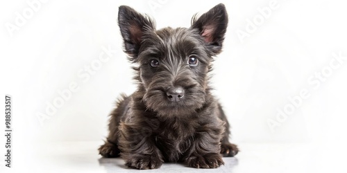 This Fluffy Scottish Terrier puppy assumes a playful seat, peering intently at the camera with an air of photo