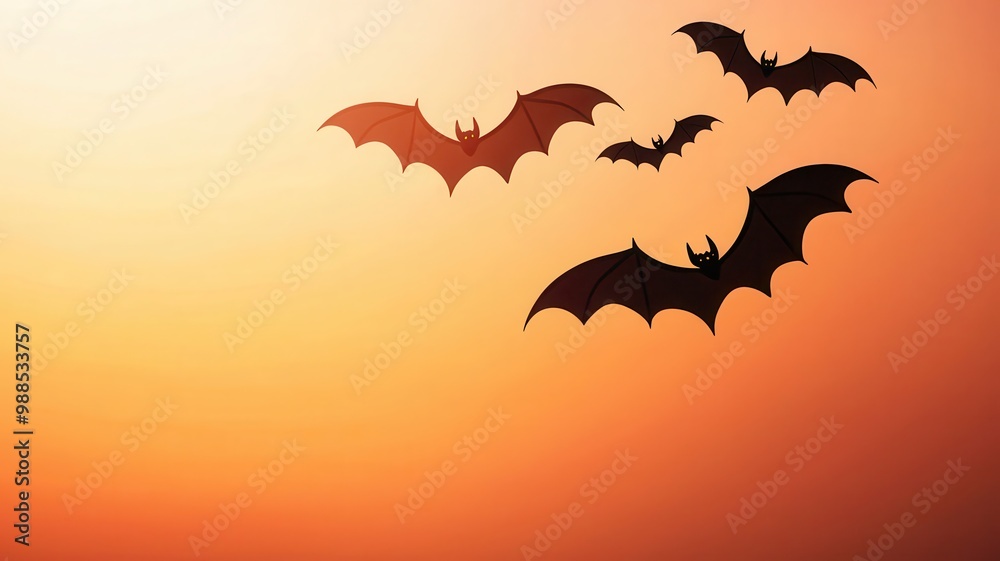 Naklejka premium Silhouetted bats fly against a warm orange sunset backdrop, creating a dramatic and eerie atmosphere.
