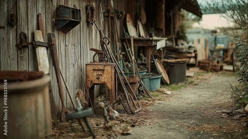Fototapeta premium A Rustic Workshop Exterior with Tools and Equipment