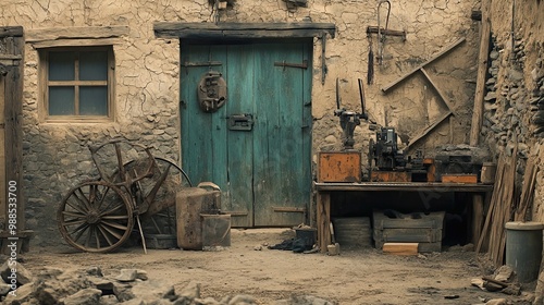 Rustic Workshop with Wooden Door, Old Tools, and Stone Walls photo