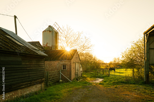 Sunset over a rural dairy farm in England. A paddock with horses can be seen and an old metal grain silo to once feed dairy cows can be seen near the abandoned milking parlour. photo