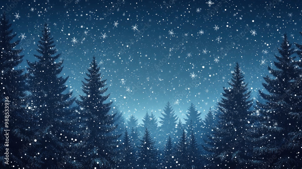 Naklejka premium Christmas Background,Winter Night sky dark blue with starry,snowy in woodland landscape with firs,coniferous forest pine and falling snow,Vector with generative ai