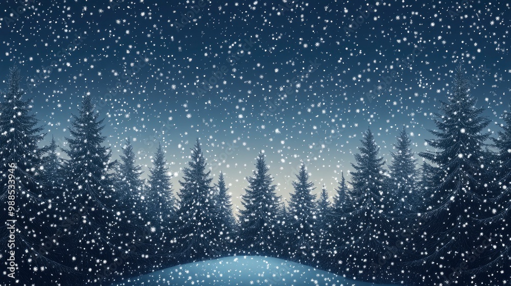 Naklejka premium Christmas Background,Winter Night sky dark blue with starry,snowy in woodland landscape with firs,coniferous forest pine and falling snow,Vector with generative ai