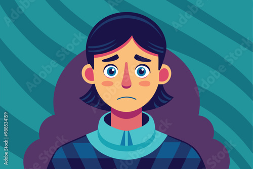 A young person displays a worried expression, surrounded by soothing colors, evoking feelings of uncertainty and concern in a stylized illustration.