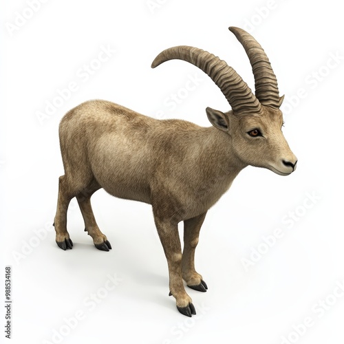 Realistic depiction of a goat with prominent curved horns, showcasing its natural posture in a clear, isolated environment.