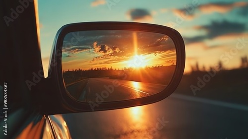 A car side mirror reflecting a sunset over a road.