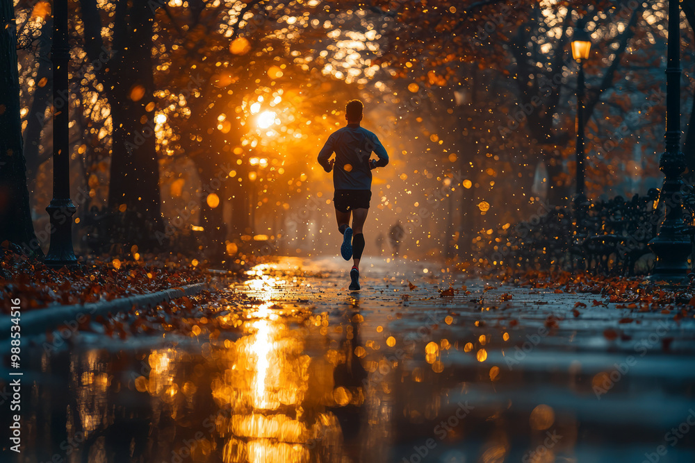 A lone runner sprinting down a scenic park path in the early morning light, A lone runner sprinting down a scenic park path in the early morning light,