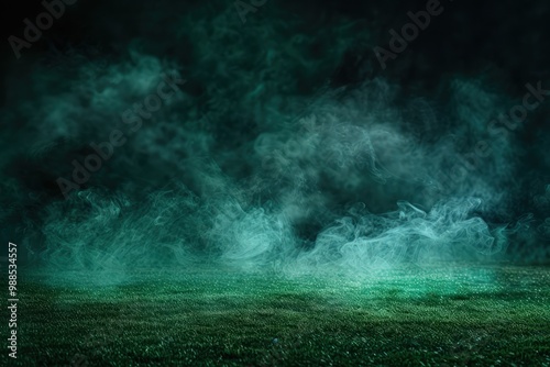 Smoky green background, dark ground, light toxic black fog, stadium stink mist, green grass smoke cloud, soccer night field dust, poison potion floating sport, dirty transparent, blue hues,