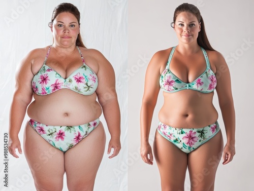 Two women are shown in bikini bottoms, one of whom is overweight