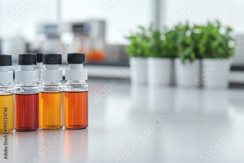 Colorful liquid samples in vials on a lab counter with vibrant green plants in the background, creating a fresh and modern atmosphere.