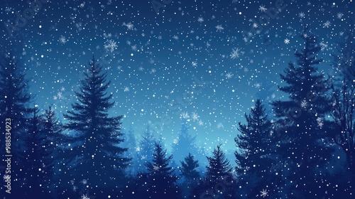 Christmas Background,Winter Night sky dark blue with starry,snowy in woodland landscape with firs,coniferous forest pine and falling snow,Vector with generative ai