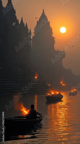 A peaceful sunrise over the Ganges River in Varanasi, with Hindu devotees performing morning rituals by the riverbank photo