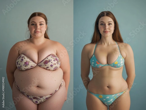 Two women are shown in bikini bottoms, one of whom is overweight photo