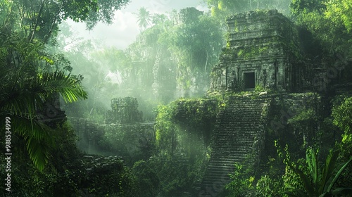 A mystical jungle scene featuring ancient ruins enveloped in lush greenery and mist, evoking a sense of exploration.