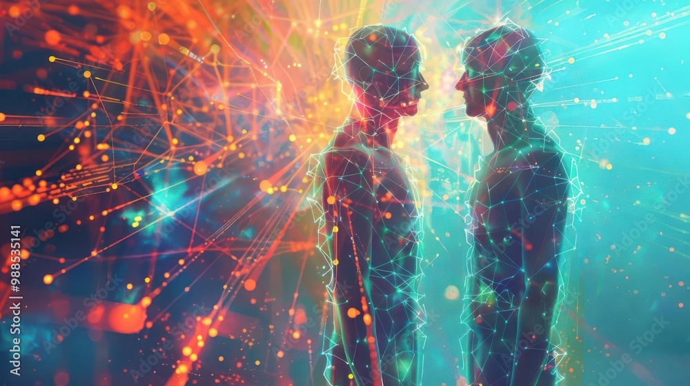 Gemini twins as abstract art figures, with glowing lines and vibrant ...