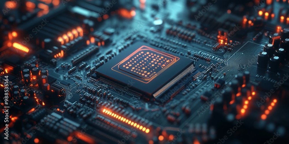 Close-up of a computer processor, intricate circuitry highlighted, softly fading into a modern tech workspace setting, showcasing innovation. Close-up of a computer processor, intricate circuitry highlighted, softly fading into a modern tech workspace setting, showcasing innovation.