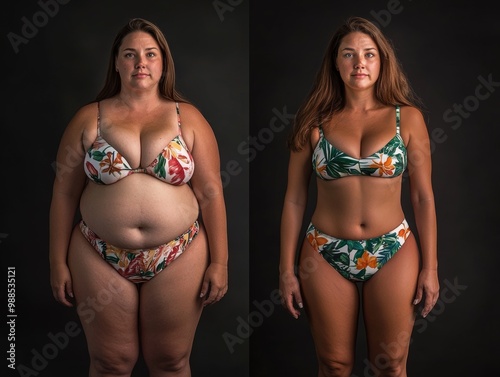 Two women are shown in bikini bottoms, one of whom is overweight