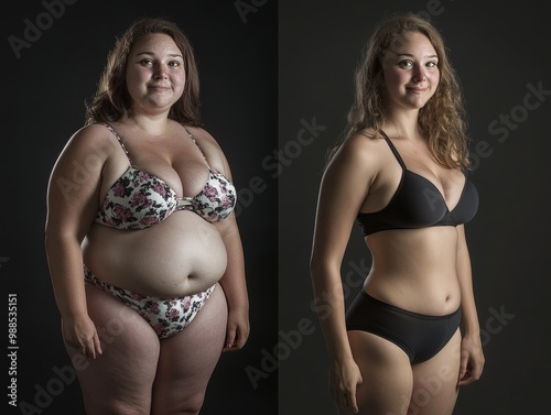 Two women are shown in bikini bottoms, one of whom is overweight photo