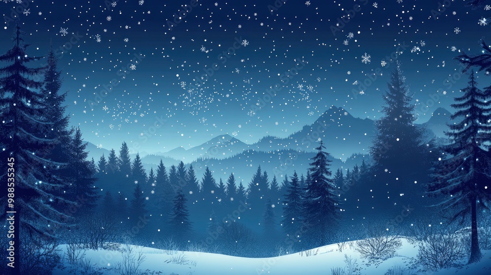 Christmas Background,Winter Night sky dark blue with starry,snowy in woodland landscape with firs,coniferous forest pine and falling snow,Vector with generative ai Christmas Background,Winter Night sky dark blue with starry,snowy in woodland landscape with firs,coniferous forest pine and falling snow,Vector with generative ai