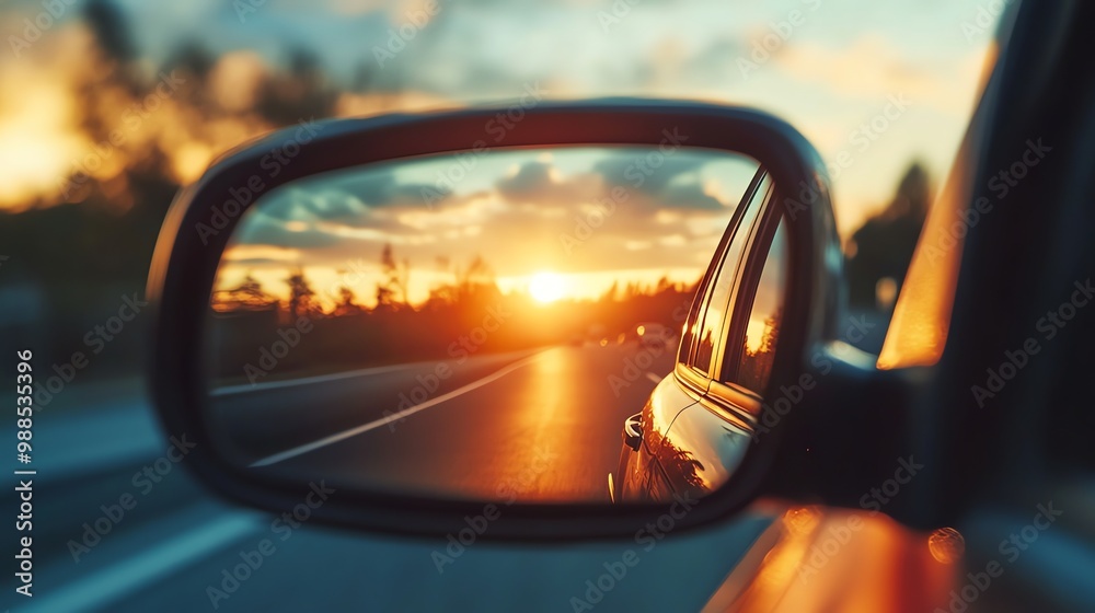 The setting sun is reflected in a car's rearview mirror. The setting sun is reflected in a car's rearview mirror.
