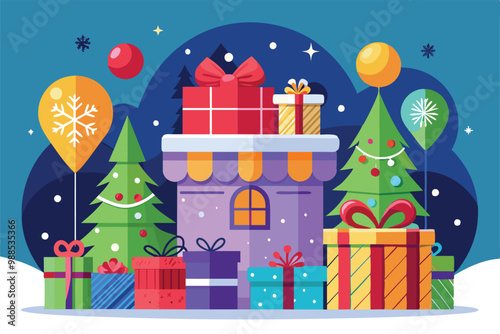 A vibrant Christmas setting features a cozy building adorned with gifts, balloons, and decorated trees, all set against a wintry night backdrop.
